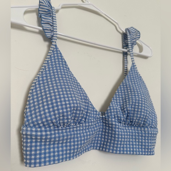 AERIE seersucker ruffle longline triangle bikini top plaid blue and white Size S - Picture 3 of 10